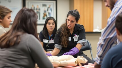 Professional CPR Training Workshop with Healthcare Expert Demonstrating on a Dummy for Group Learning