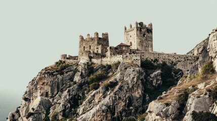 Fototapeta premium A majestic castle perched atop a hill, its towering stone walls and medieval architecture evoking a sense of timeless grandeur.