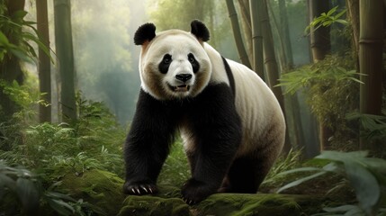 Obraz premium A majestic panda bear standing tall against a backdrop of lush bamboo forests, symbolizing the beauty and resilience of these endangered creatures