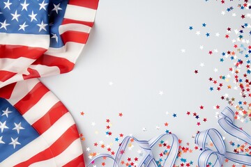 Fototapeta premium Happy Presidents Day banner mockup with American flags, confetti and ribbon. Independence Day, Labor day, Memorial Day