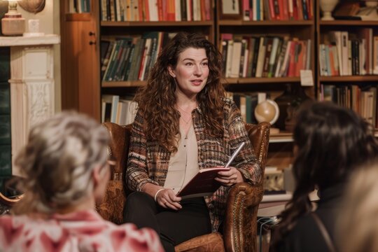Female Writer Discussing Themes of New Book During Talk Show Interview with Engaged Audience