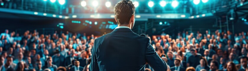 Fototapeta premium A confident speaker presents in front of a captivated audience at a professional event, emphasizing communication and engagement.