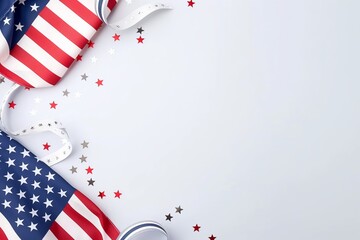 Happy Presidents Day banner mockup with American flags, confetti and ribbon. Independence Day, Labor day, Memorial Day