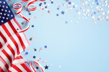 Fototapeta premium Happy Presidents Day banner mockup with American flags, confetti and ribbon. Independence Day, Labor day, Memorial Day