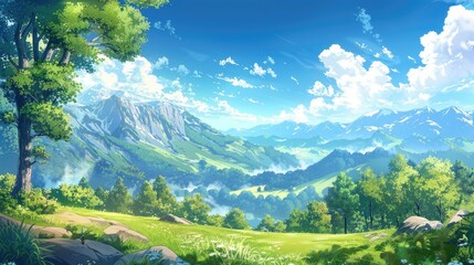 Obraz premium Stunning summer anime landscape with rolling hills, majestic mountains, and a clear, blue sky dotted with clouds
