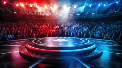 Obraz premium A vibrant stage surrounded by an engaged audience, highlighted by dynamic lighting in red and blue hues, ideal for events.