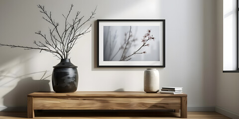 Black framed picture and vase near a wooden chest in a interior living