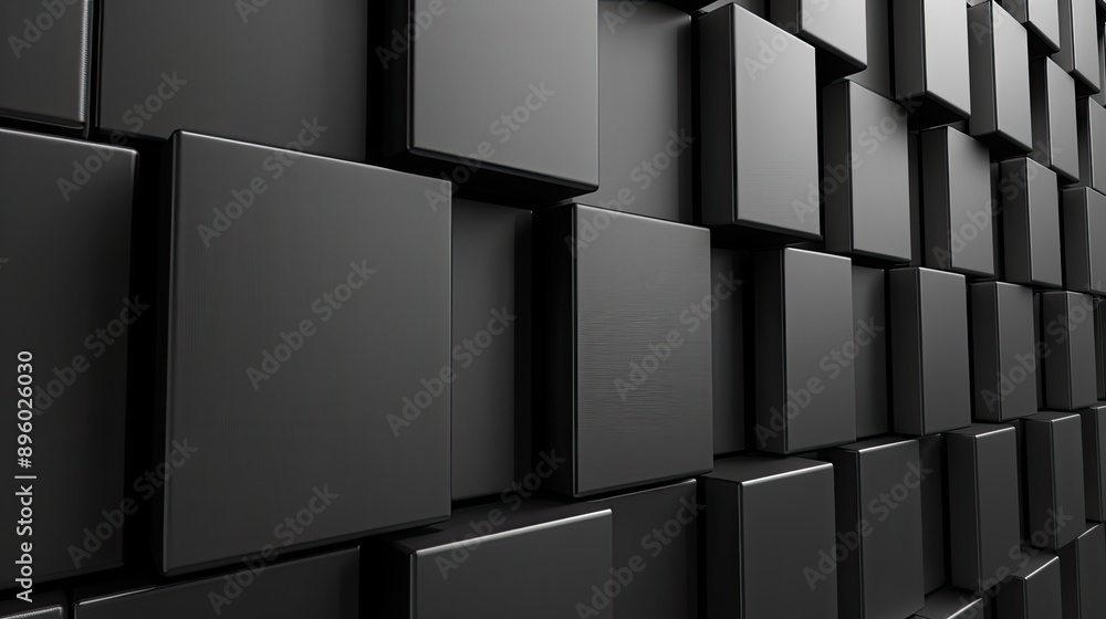 Poster a close-up view of a wall constructed of numerous black cubes of varying sizes and arrangements, cre