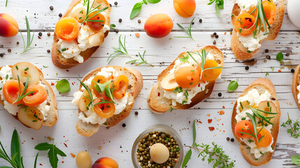 Delicious ricotta bruschettas with pears and apricots among products on white wooden table, flat lay