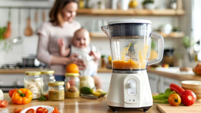 Modern Family Kitchen with Blender Making Fresh Baby Food - Healthy Meal Preparation, Parenting