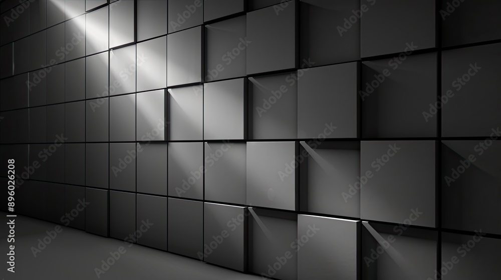 Poster a close-up view of a wall constructed of numerous black cubes of varying sizes and arrangements, cre