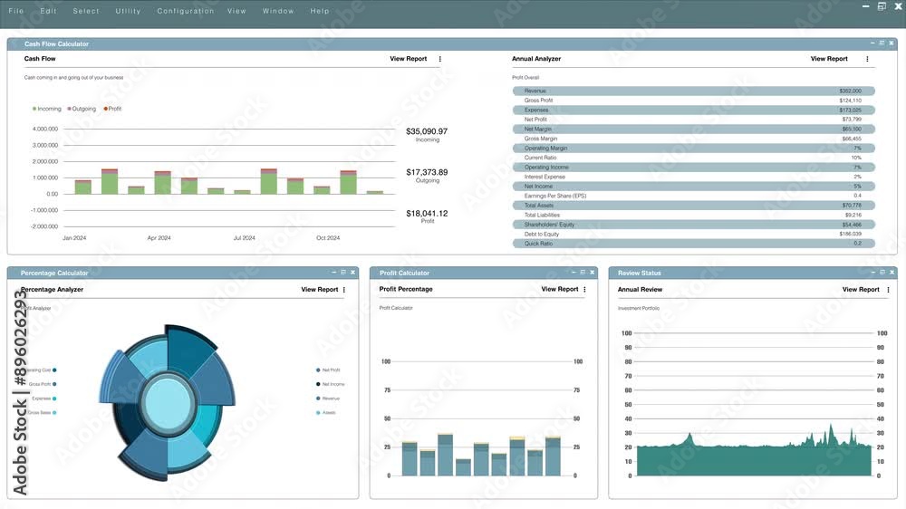 Poster 3d rendering of financial software user interface used to make graphs showing company growth. animat