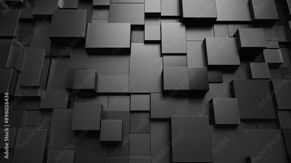 Poster a close-up view of a wall constructed of numerous black cubes of varying sizes and arrangements, cre