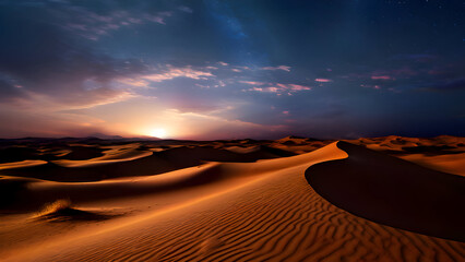Naklejka premium a-night-desert-scene-with-a-starry-sky-and-moonlight-illuminating-the-sand-dunes