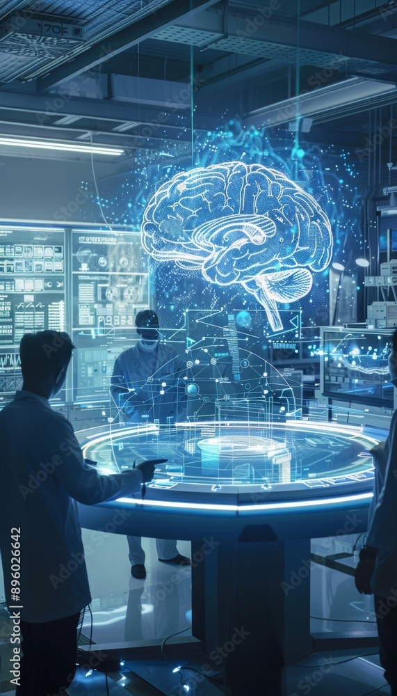 Poster futuristic high-tech lab with 3d hologram brain display and scientific collaboration