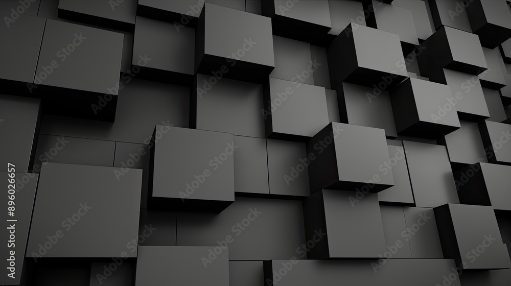 Poster a close-up view of a wall constructed of numerous black cubes of varying sizes and arrangements, cre