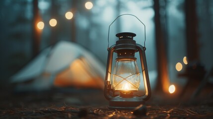 A glowing lantern at dusk, illuminating a forest campsite with a tent and string lights in the background.