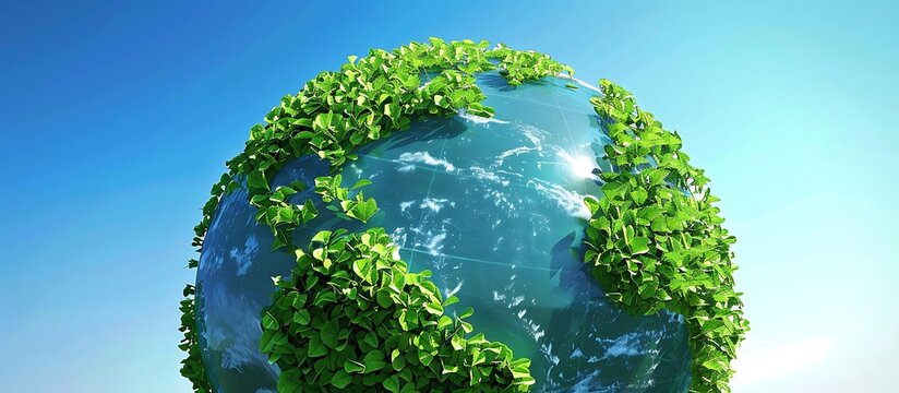 A globe with continents made of green foliage, set against a bright blue sky, representing global unity and peace.