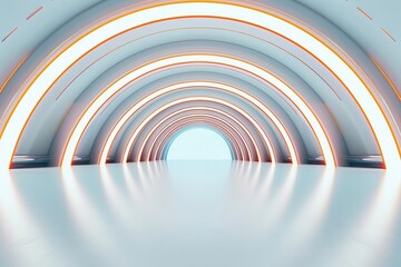 Fototapeta premium Futuristic tunnel interior with glowing arches and reflective floor creating a sense of depth and innovation.