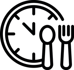 Simple icon of a clock with a fork and spoon, representing lunch time