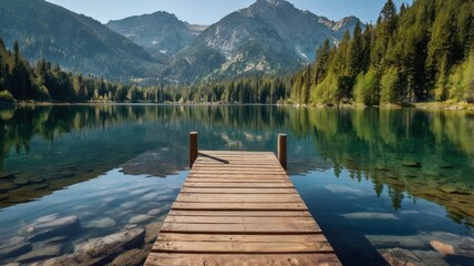 Fototapeta premium A tranquil scene featuring a wooden pier extending into a crystal-clear mountain lake, surrounded by lush forests and towering peaks, reflecting the serene beauty of nature.