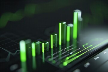 Close-up of dynamic green financial chart indicating growth and progress in data analysis and investment performance.