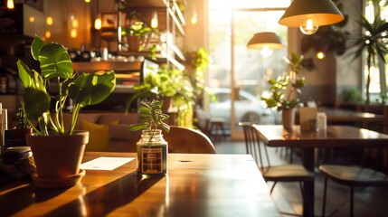 Fototapeta premium Stylish cafe interior with full lighting that creates an atmosphere of inspiration and artistic creativity.
