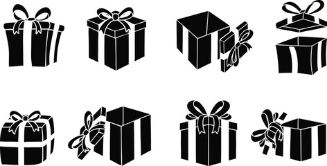 Set of Silhouette Gift box vector icon. Christmas gift icon. Surprise gift boxes collection. 