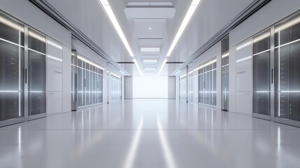 A modern, spacious corridor with reflective floors and ambient lighting leading to a bright exit, perfect for architectural projects.