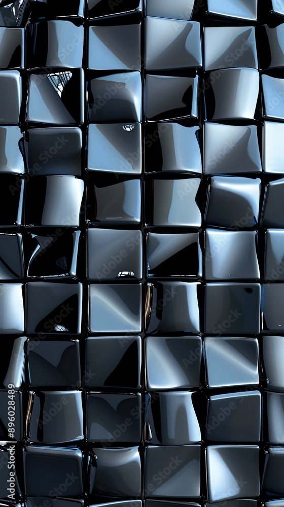 Poster a close-up view of a wall constructed of numerous black cubes of varying sizes and arrangements, cre