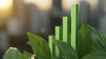 A vibrant green bar graph rising among lush leaves, symbolizing growth and sustainability in a flourishing urban environment.