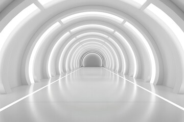 Naklejka premium Futuristic corridor with glowing light, creating an airy and modern atmosphere suitable for sci-fi themes.