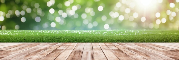 natural spring garden background of fresh green grass with a wooden table to place cut out products on.