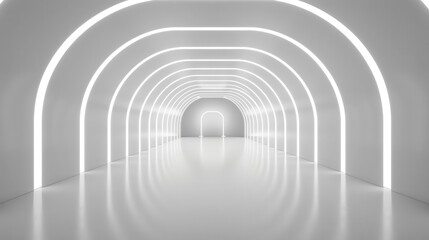 A spacious, modern tunnel with luminous arches and a reflective floor, perfect for contemporary design and minimalistic aesthetics.