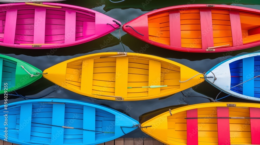 Poster a row of colorful canoes are lined up on a dock. the colors are bright and cheerful, creating a sens