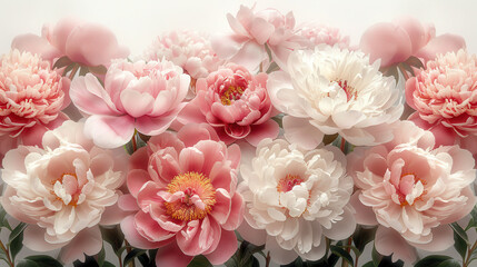 A lush bouquet of pink and white peonies in full bloom, displaying a variety of delicate petals and vibrant centers.