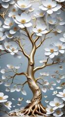 Digital art piece that features tree white flowers leaves has go