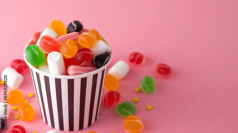Poster a colorful assortment of candy is in a paper cup on a pink background. the candy is a mix of differe