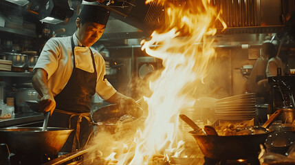 Chef saut&eacute;ing ingredients in bustling restaurant kitchen