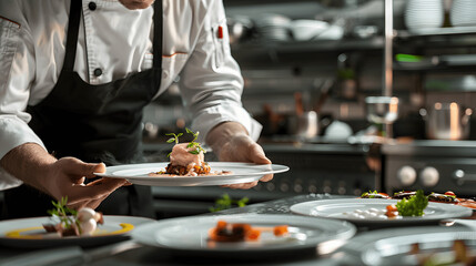 Chef plating elegant dish in contemporary open kitchen