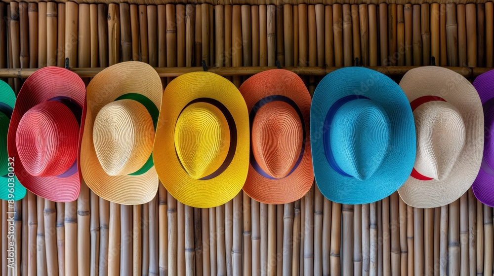 Poster a row of hats hanging on a bamboo wall. the hats are of different colors and styles. the hats are ar