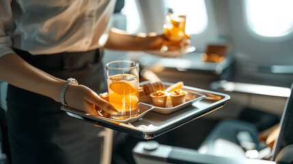 Close-up of flight attendant's hands serving tray of drinks and snacks