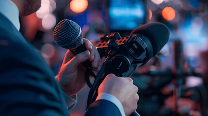 Close-up of news reporter's hands adjusting lapel microphone