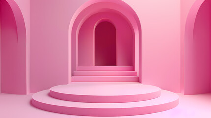 Abstract pink architectural background featuring a layered, arched design with steps and smooth surfaces.