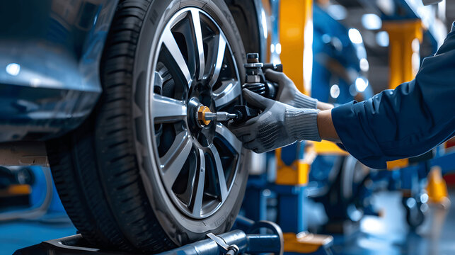 Close-up of mechanic's hands adjusting car wheel alignment