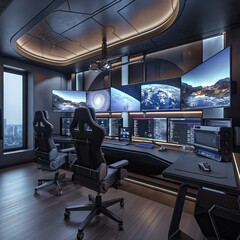 Modern home office with multiple screens and high-tech setup

