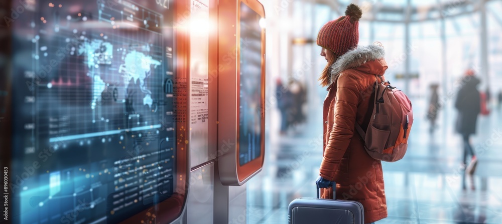 Poster stylish traveler using high-tech kiosk at modern train station with advanced digital displays
