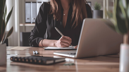 Customer service representative jotting down notes in sleek office