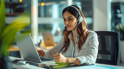Customer service representative jotting down notes in sleek office