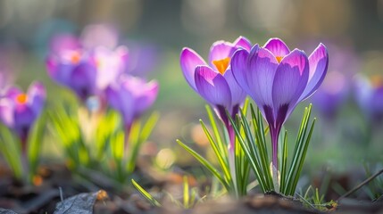 Macro shot of a purple crocus flower emerging in spring